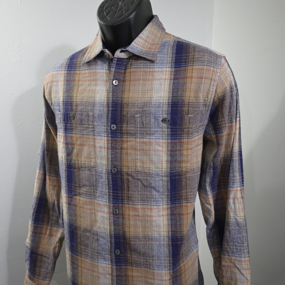 Carbon 2 Cobalt Button Up Flannel Shirt Mens S Gray Blue Tan Plaid Long Sleeve
